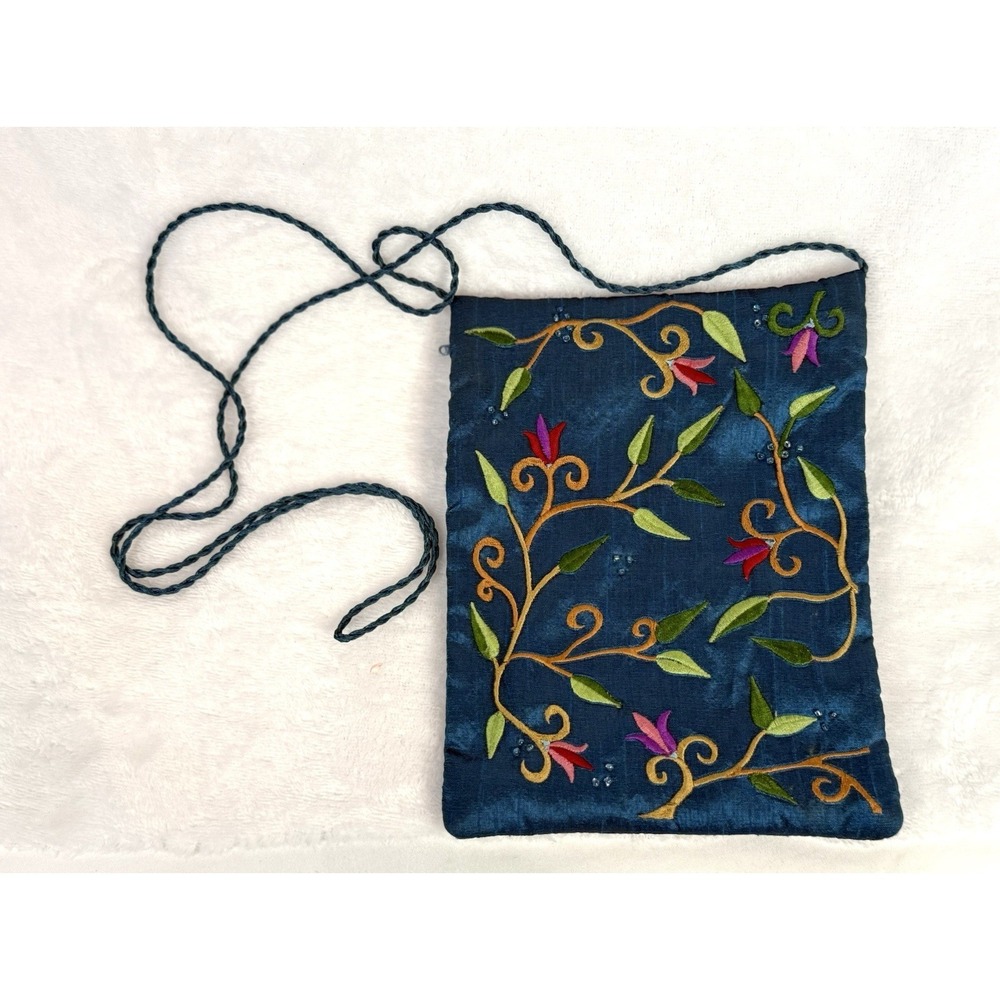 Emanuel Jerusalem Artza‎ Embroidered Silk Crossbody Bag Floral Blue Israel